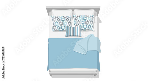 Modern white bed with blue and white patterned bedding top view.