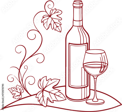 Wine Bottle and Glass with Grapevine – Elegant Vineyard Line Art Illustration