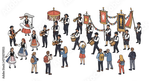 Diverse Group of People Participating in a Festive Cultural Parade or Celebration.