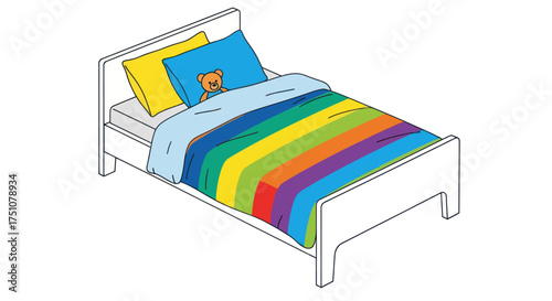 Cozy Childrens Bed with Rainbow Duvet and Teddy Bear.