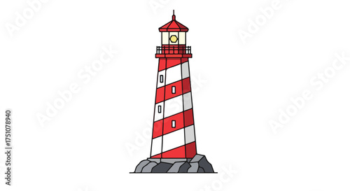 Cartoon styled lighthouse with red and white stripes atop a rocky base illuminates a safe passage drawing visual