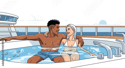 Couple Relaxing in a Hot Tub on a Cruise Ship Deck.
