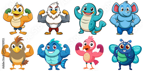 Set of Chubby cartoon Animals are posing with muscles Duck, Eagle, Eel, Elephant, Emu, Fish, Flamingo, Fly