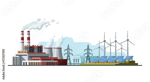 Illustration displaying diverse energy sources and their environmental impact considerations showing a combined power plant scene