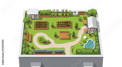 Lush rooftop garden with cultivated plots, greenhouse and tranquil water feature offering a sustainable urban oasis for relaxation and cultivation