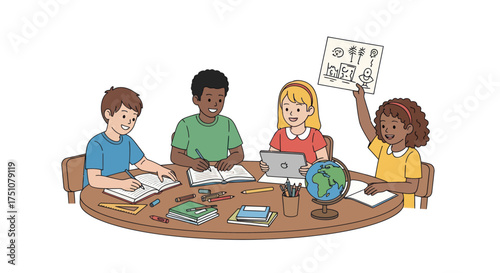Diverse Group of Children Studying Together at a Round Table with Educational Materials.