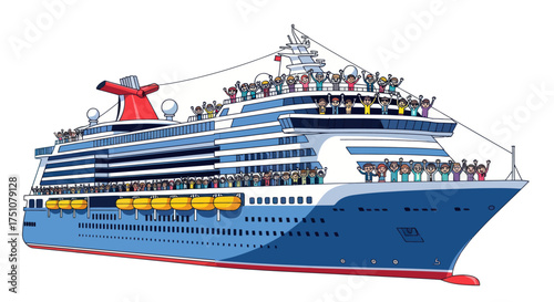 Large Blue and White Cruise Ship with Red Funnel and Passengers.