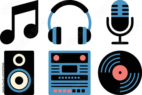 A collection of musical icons including a note, headphones, and microphone.