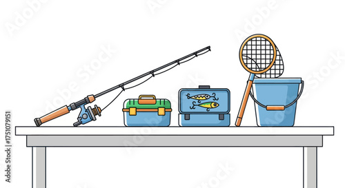 Fishing Gear and Tackle Boxes Arranged on a Table.