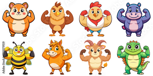 Set of Cute chubby animals striking muscular poses: Hamster, Hawk, Hen, Hippopotamus, Honeybee, Horse, Ibex, Iguana