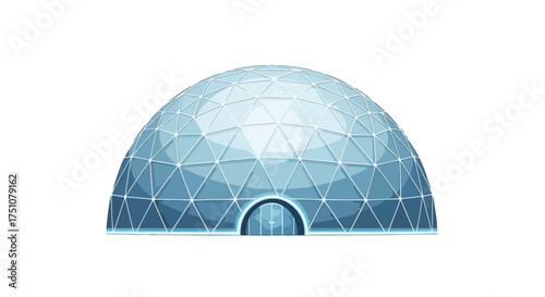 Futuristic geometric dome structure with triangular panels and central entrance illuminated with a soft glow design render