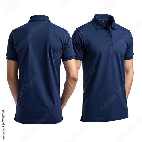 Front and back view of a dark blue short-sleeved polo shirt on a person with a black background