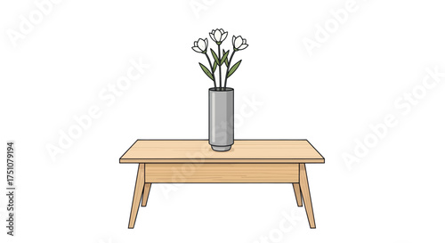 Flowers in a vase on a wooden table simple illustration.