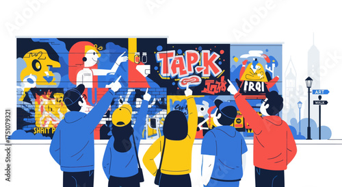 People Admiring Colorful Street Art Murals with Cartoonish and Political Themes.