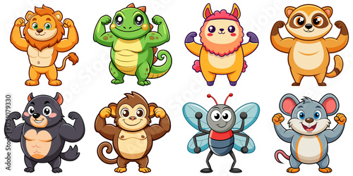Set of chubby cartoon animals flexing their muscles:  lion, Lizard, Llama, Meerkat, Mole, Monkey, Mosquito, Mouse