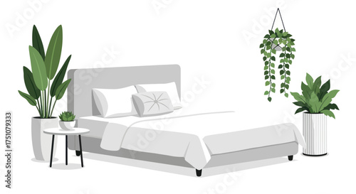 Modern Bedroom with Bed Plants and Minimalist Decor.