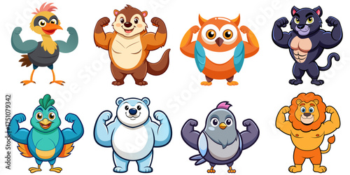 Chubby cartoon animals showing off their muscles: Ostrich,  Otter, Owl,  Panther, Peacock, Pigeon, Polar bear, lion