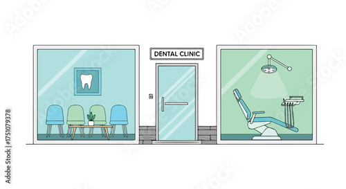 Stylized dental clinic illustration featuring waiting area and examination room in a minimalist design