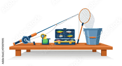 Fishing Equipment Set on Wooden Bench for Angling Hobby.