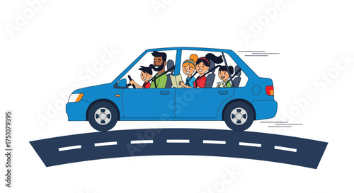 Diverse group of people enjoying a lively car ride on a road.