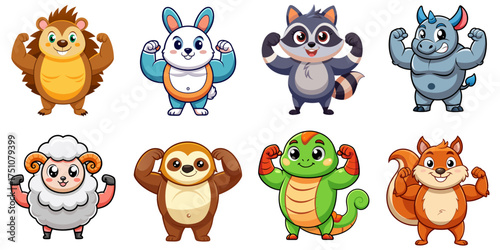 Set of chubby cartoon animals flexing their muscles : Porcupine, Rabbit, Racoon, Rhinoceros, Sheep, Sloth, Snake, squirrel.