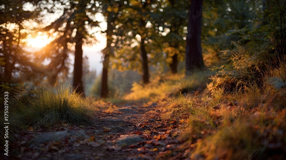 Fototapeta premium A sunlit forest path bathed in golden light during sunset surrounded by trees and fallen autumn leaves