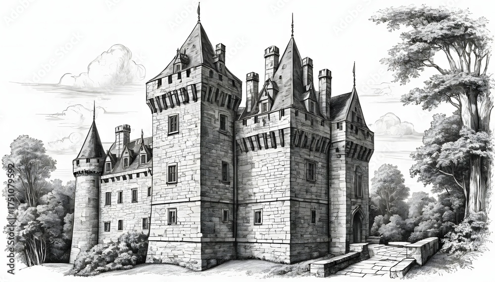 Obraz premium Majestic Medieval Castle Sketch: Detailed Stone Architecture and Towering Turrets
