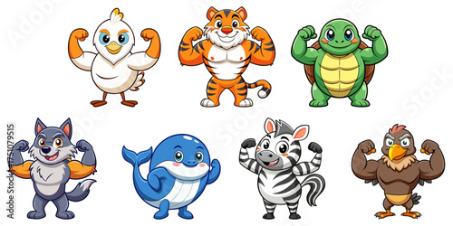 Set of Chubby cartoon animals showing off their muscles: Swan, Tiger, Turtle, Vulture, Whale, Wolf , Zebra
