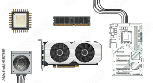 Computer Components: CPU RAM Graphics Card Motherboard and Power Supply Unit.