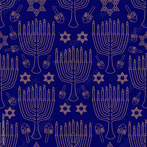 Vector Hanukkah seamless pattern with orange linear Menorah, star of David and Dreidel on dark blue background