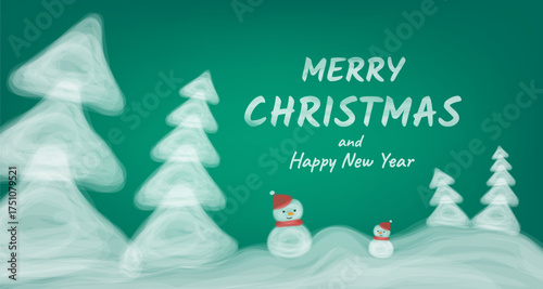 merry christmas and happy new year greeting card banner design with christmas trees and cute snowman vector illustration 