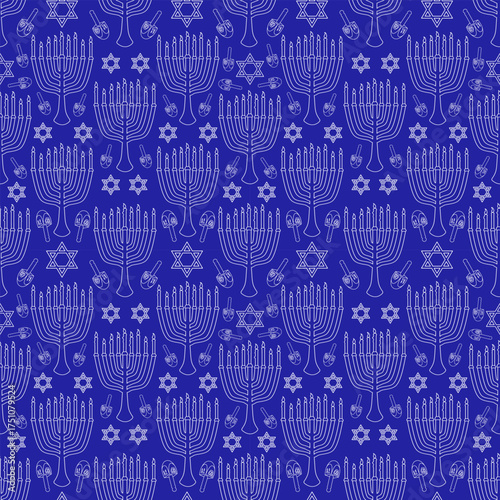 Vector Hanukkah seamless pattern with white linear Menorah, star of David and Dreidel on blue background