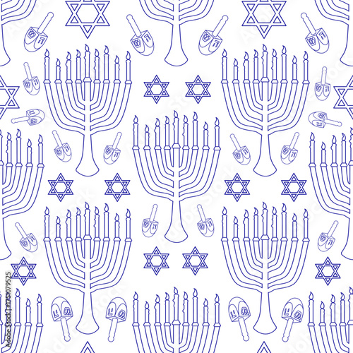 Vector Hanukkah seamless pattern with blue linear Menorah, star of David and Dreidel on white background