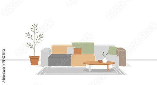 Modern living room interior with a colorful patchwork sofa round coffee table and a potted plant.