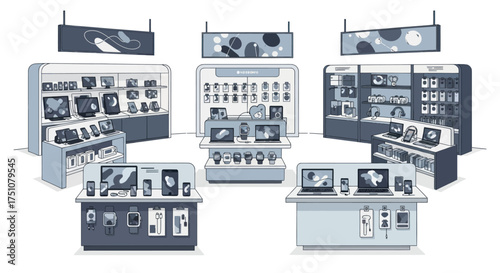 Modern electronic device display stands in a retail store setting.