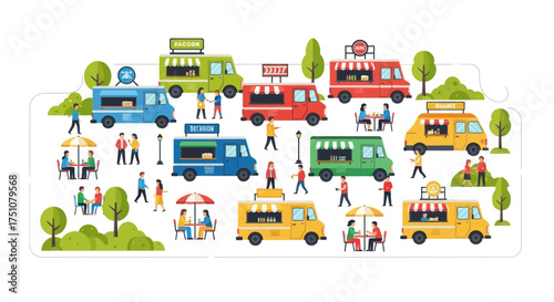 Vibrant Food Trucks and People Enjoying Outdoor Street Food Festival Scene.