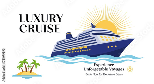 Cruise Ship at Sea with Sun and Island Luxury Voyage Illustration.