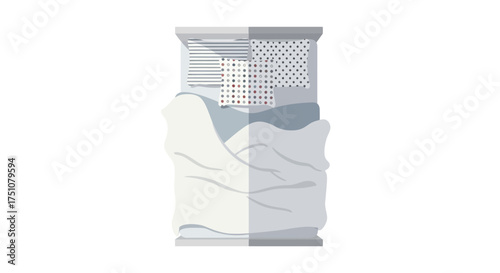 Top-down view of an empty neatly made bed with patterned pillows and duvet.