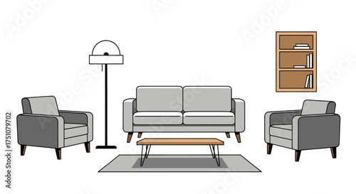 Living Room Furniture Arrangement with Sofa Armchairs Lamp Rug Coffee Table and Bookshelf.