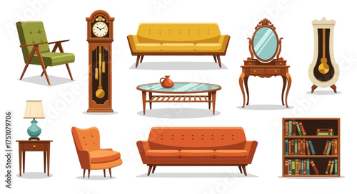 Elegant Vintage Furniture Collection: Classic Sofas Armchairs Grandfather Clocks Tables Bookshelf.
