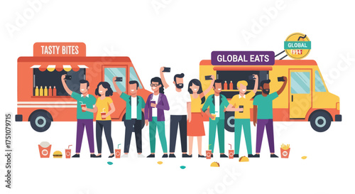 Group of People Posing with Food Trucks Celebrating Together.