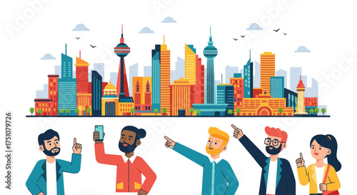 A diverse group of cartoon people admiring and pointing towards a colorful modern city skyline.