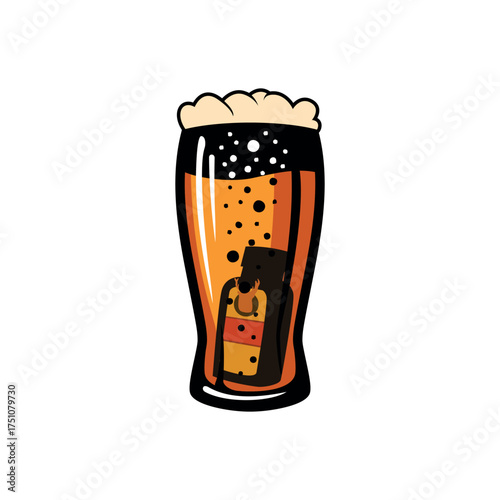 Cartoon U-Boat Submarine Sinking in a Pint of Beer – Creative Brewery Logo and Military Beverage Theme Vector