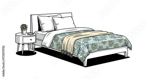 Hand-drawn illustration of a modern single bed with a patterned duvet and bedside table.