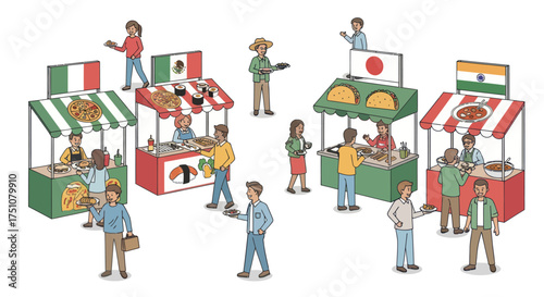 International Food Market Scene with Vendors and Customers at Colorful Stalls.