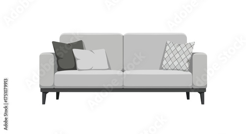 Modern Light Gray Sofa with Pillows.