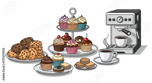 Hand-drawn illustration of delicious coffee and dessert spread with cupcakes and cookies.
