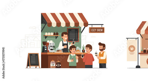 Friendly vendor serves customers at a vibrant outdoor food stall.