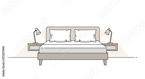 Minimalist Bedroom Illustration with Bed Pillows Nightstands and Lamps.