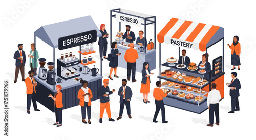 Bustling Outdoor Market with Food and Drink Stalls and Shoppers.